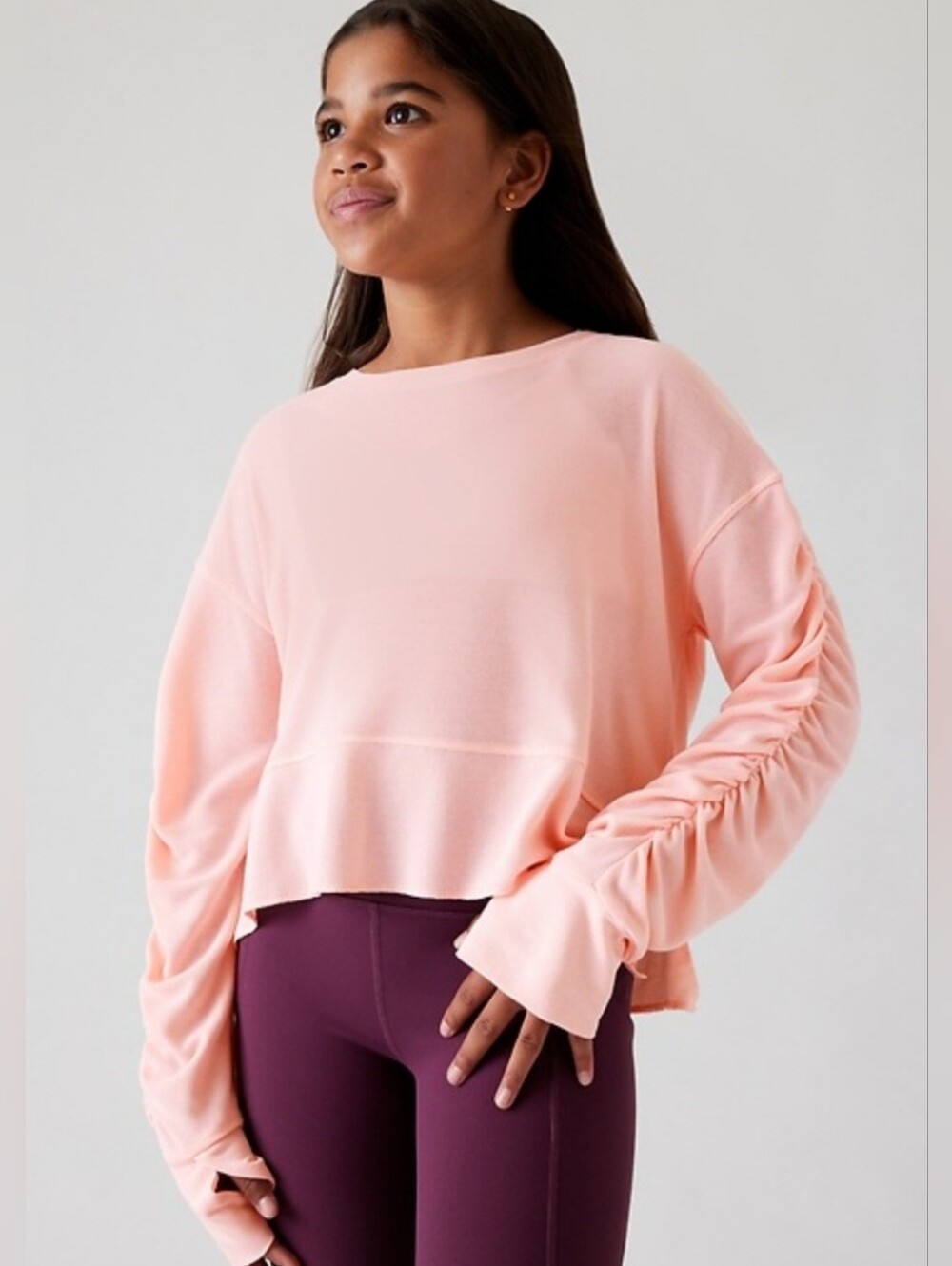 Athleta Girl Wander Waffle Ruched Top M 8-10 Poppy Pink